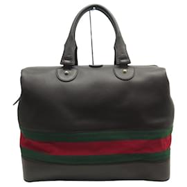 Gucci-GUCCI WEB DUFFLE BAG TRAVEL BAG 245075 TRAVEL BROWN LEATHER HAND LUGGAGE-Brown
