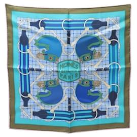 Hermès-LOT FOULARD HERMES TATERSALE & L'ARBRE DE VIE GAVROCHE SOIE BLEU SILK SCARF-Bleu