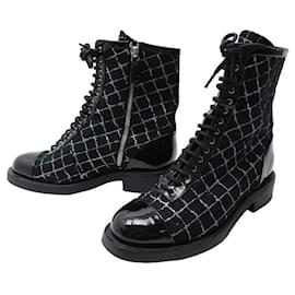 Chanel-CHANEL COMBAT BOOTS G SHOES36209 37 TWEED PATENT LEATHER ANKLE BOOTS SHOES-Other