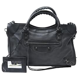 Balenciaga-BALENCIAGA CLASSIC CITY MEDIUM HANDBAG 115748 BLACK LEATHER HANDBAG-Black