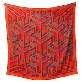 Hermès-HERMES CUBE ORIGNY CHALE IN RED SILK CASHMERE SQUARE 140 CASHMERE SHAWL-Red