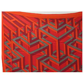 Hermès-HERMES CUBE ORIGNY CHALE IN RED SILK CASHMERE SQUARE 140 CASHMERE SHAWL-Red