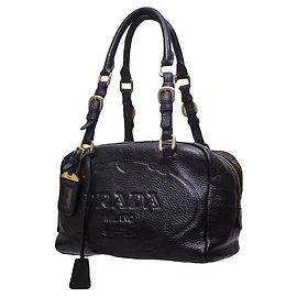 Prada Bauletto Black Grained Leather Handbag Black