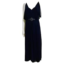 Jenny Packham-Navy blue chiffon and satin evening gown, Embellished-Blue,Navy blue,Dark blue