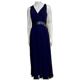 Jenny Packham-Navy chiffon ball gown with diamonte embroidery to the waist-Blue,Navy blue