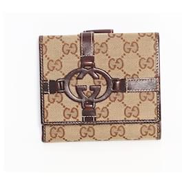 Gucci-Gucci Canvas square coin purse-Beige,Dark brown