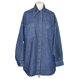 Valentino-Camisa de cambray con logo en V azul-Azul