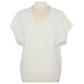 Hermès-Cream Shortsleeve V-Neck Sweater-Cream