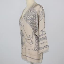Hermès-Beige Zouaves Et Dragons Finesse Print V Neck Shirt-Beige