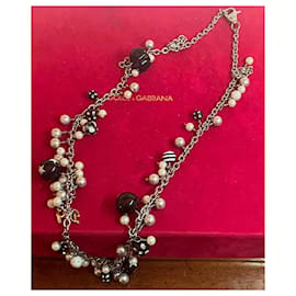 Dolce & Gabbana-Stupenda collana DOLCE & GABBANA acciaio con perle nere, bianche, cuore-Arancione