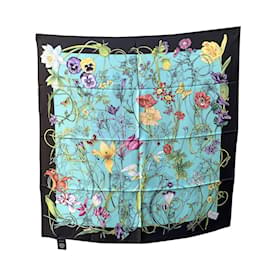 Gucci-Black and Turquoise Silk Twill Flora Infinity Chrissy Scarf-Blue