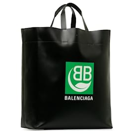 Balenciaga-Balenciaga Black Leather Logo BB Market Tote-Black