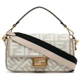 Fendi-Fendi Gray Zucca Embroidered Baguette Satchel-Grey