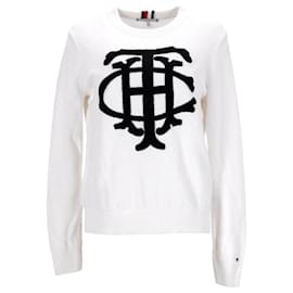 Tommy Hilfiger-Tommy Hilfiger Pull Essential Graphic Crest pour femme en coton blanc-Blanc