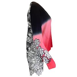 Autre Marque-Prabal Gurung Rose / Pull cardigan en laine et cachemire noir à détails en dentelle florale multicolore-Multicolore