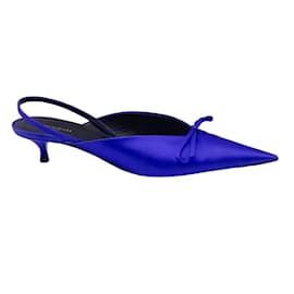 Autre Marque-Balenciaga Cobalt Blue Bow Detail Pointed Toe Low Heel Satin Slingback Pumps-Blue
