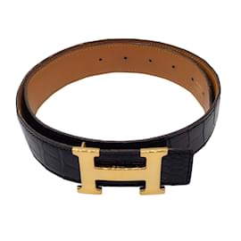 Autre Marque-Hermès Vintage 1996 Black / Gold H Patent Alligator Skin Leather Belt-Black