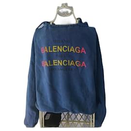 Balenciaga-FELPA CON CAPPUCCIO LOGO MULTICOLORE STAMPA FRONTALE-Blu