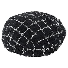 Chanel-Tweed-Baskenmütze-Schwarz,Weiß