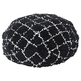 Chanel-Tweed-Baskenmütze-Schwarz,Weiß