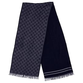 Gucci-Gucci Fringed Logo Scarf in Navy Blue Cotton-Blue,Navy blue