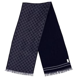 Gucci-Lenço Gucci com franjas e logotipo em algodão azul marinho-Azul,Azul marinho