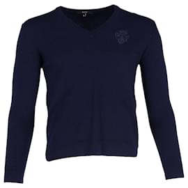 Gucci-Gucci Badge V-Neck Sweater in Navy Blue Wool-Blue,Navy blue