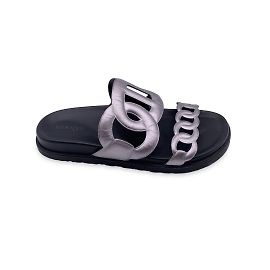 Hermès Hermes Silber Leder Chaîne d'Ancre Extra Slide Sandalen Schuhgröße 37 Silber