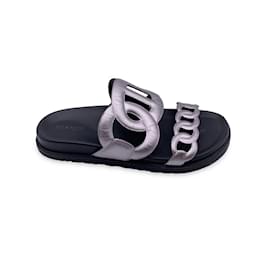 Hermès-Hermes Silver Leather Chaîne d’Ancre Extra Slide Sandals Shoes Size 37-Silvery