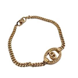 Christian Dior-Vintage Gold Metal CD Crystals Logo Chain Bracelet-Golden