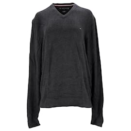 Tommy Hilfiger-Tommy Hilfiger Mens V Neck Jumper in Grey Cotton Cashmere-Grey