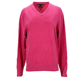 Tommy Hilfiger-Tommy Hilfiger Mens Cotton Silk V Neck Jumper in Pink Cotton-Pink