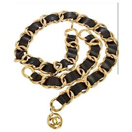 Chanel-Vintage Chanel 93P Runway 24K Gold Plated & Leather Thick Chain Link Belt/Necklace-Black,Gold hardware