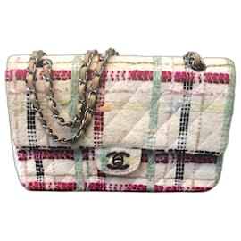 Chanel-Chanel 04P Multicolor CC Classic Timeless Tweed Medium lined Flap Bag with Ruthenium Hardware-White,Multiple colors,Beige