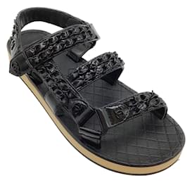 Autre Marque-Chanel Black Patent Leather Chain Embellished Sandals-Black