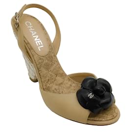 Autre Marque-Chanel Beige Peep Toe Wedges With Black Camellia-Beige