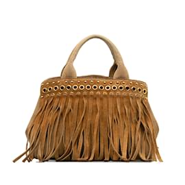 Prada-Brown Prada Fringed Canapa Handbag-Brown