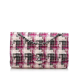 Chanel-Bolsa de ombro com aba com forro de tweed médio clássico Chanel rosa-Rosa