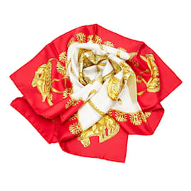 Hermès-Red Hermes Les Cavaliers d'Or Silk Scarf Scarves-Red