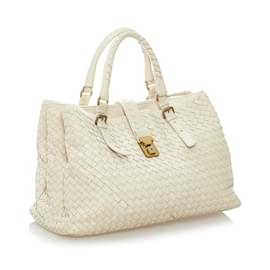 Bottega Veneta-White Bottega Veneta Intrecciato Roma Leather Handbag-White