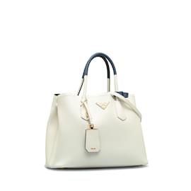 Prada-White Prada Medium Bicolor Saffiano Cuir Double Satchel-White