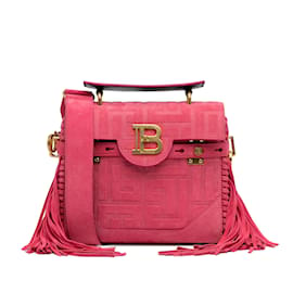 Balmain-Pink Balmain Fringed Embossed Suede B-Buzz 23 Handle Bag Satchel-Pink