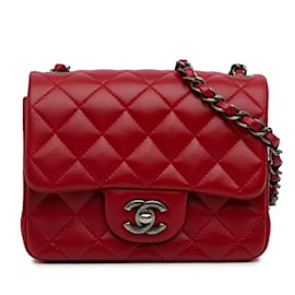 Chanel-Sac à bandoulière à rabat carré en cuir d'agneau classique Mini Chanel rouge-Rouge