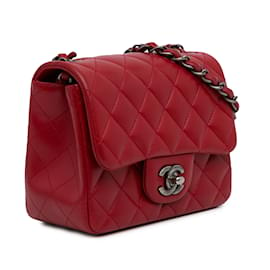 Chanel-Sac à bandoulière à rabat carré en cuir d'agneau classique Mini Chanel rouge-Rouge