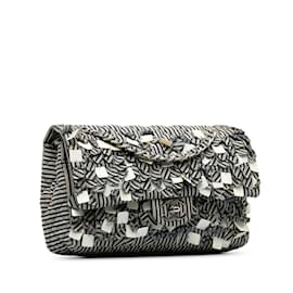 Chanel-Gray Chanel Medium Cotton Striped Double Flap Shoulder Bag-Other