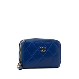 Chanel-Pochette à monnaie en cuir d'agneau CC Chanel bleue-Bleu