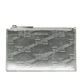 Balenciaga-Silver Balenciaga BB Monogram Leather Card Case-Silvery