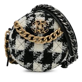 Chanel-Tweed rond Chanel noir 19 Pochette avec chaîne et porte-monnaie en cuir d'agneau-Noir