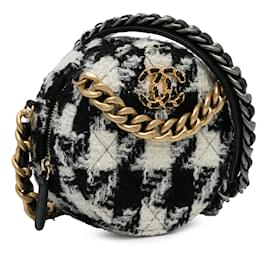 Chanel-Tweed redondo Chanel negro 19 Clutch con Cadena y Monedero de Piel de Cordero Bolso Bandolera-Negro