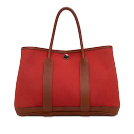 Hermès-Fête de jardin en toile Hermès rouge 30 Sac cabas-Rouge